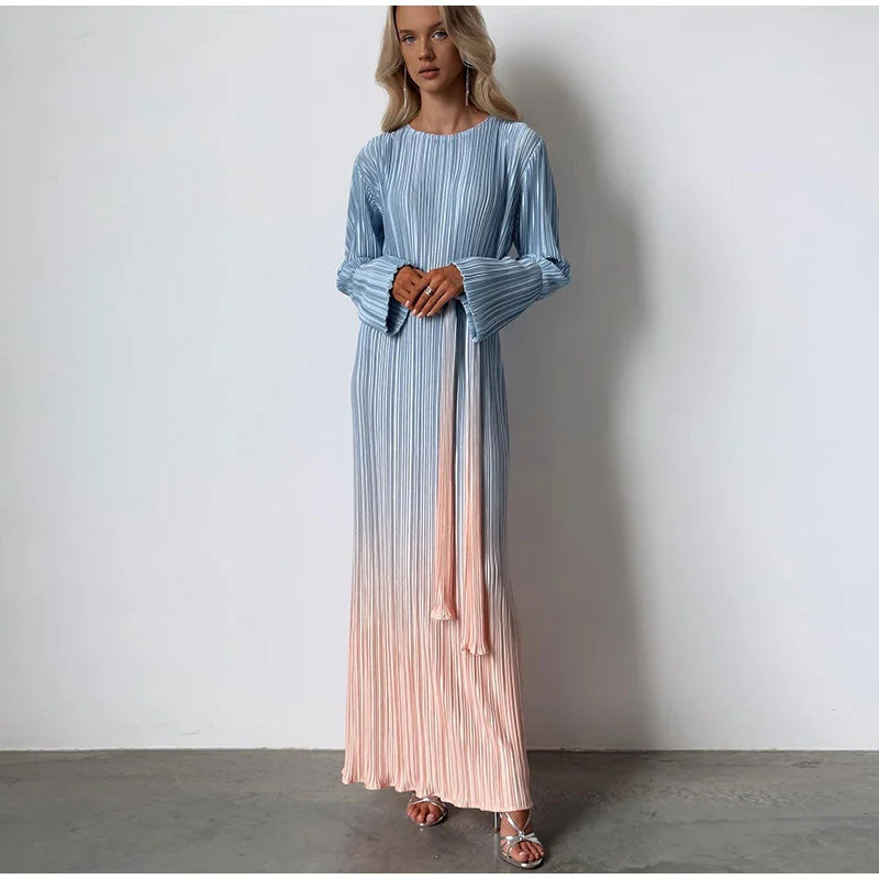Zjkrl - Gradient Tie Dye Long Sleeve Maxi Dress For Women Fashion Oneck Straight Loose Pleated Vestidos Female Elegantstreetwear Robe Cozy Knit Maxi Dress