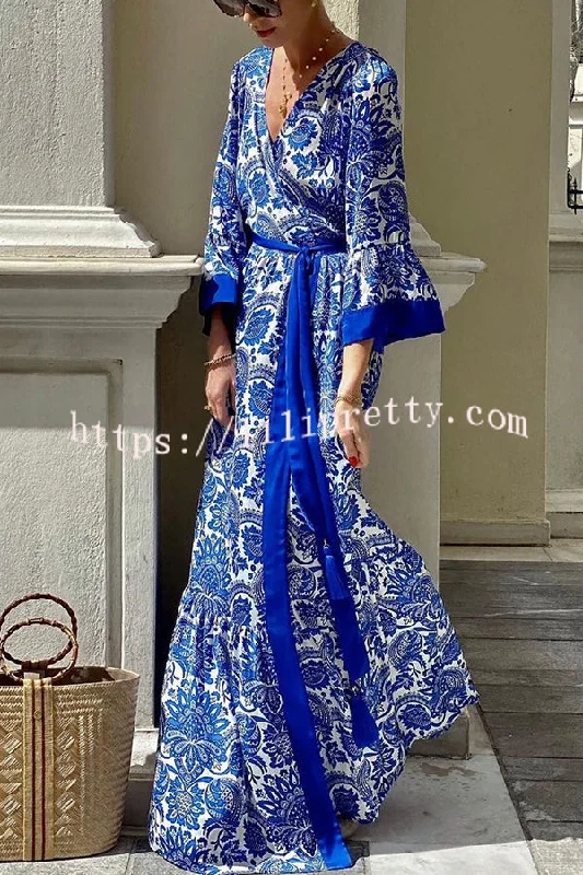 Greek Island Satin Unique Floral Print Tassel Belted Wrap Maxi Dress Trendy Maxi Dress with Belt Greek Island Satin Unique Floral Print Tassel Belted Wrap Maxi Dress Trendy Maxi Dress with Belt