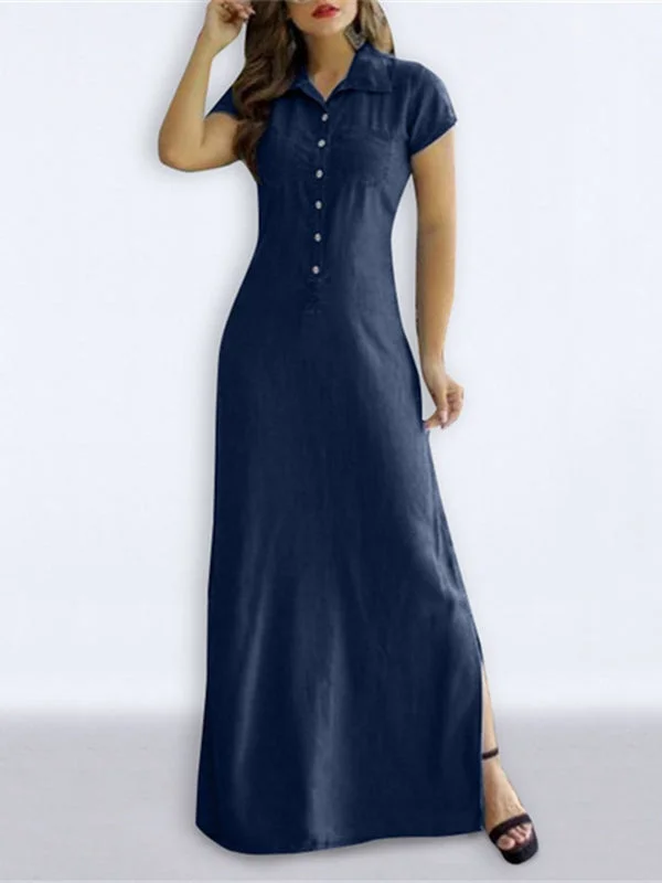 Zjkrl - High Waisted Plus Size Buttoned Pockets Split-Side Lapel Maxi Dresses Fashionable Sheer Maxi Dress