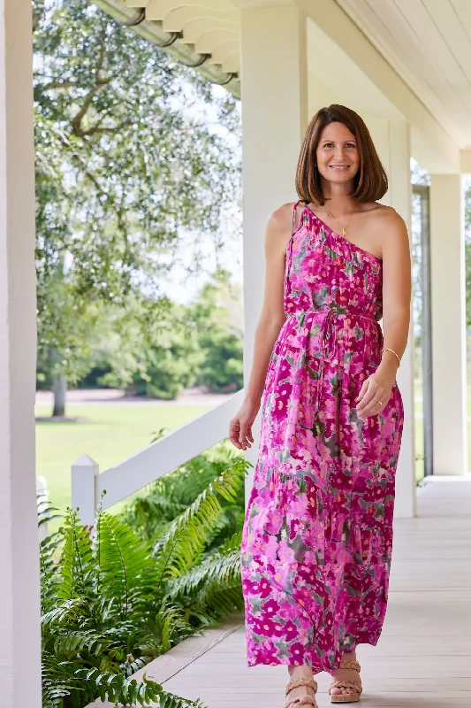 Joyce One-Shoulder Belted Tie Maxi Dress in Pink Ikat Floral Trendy Satin Maxi Dress