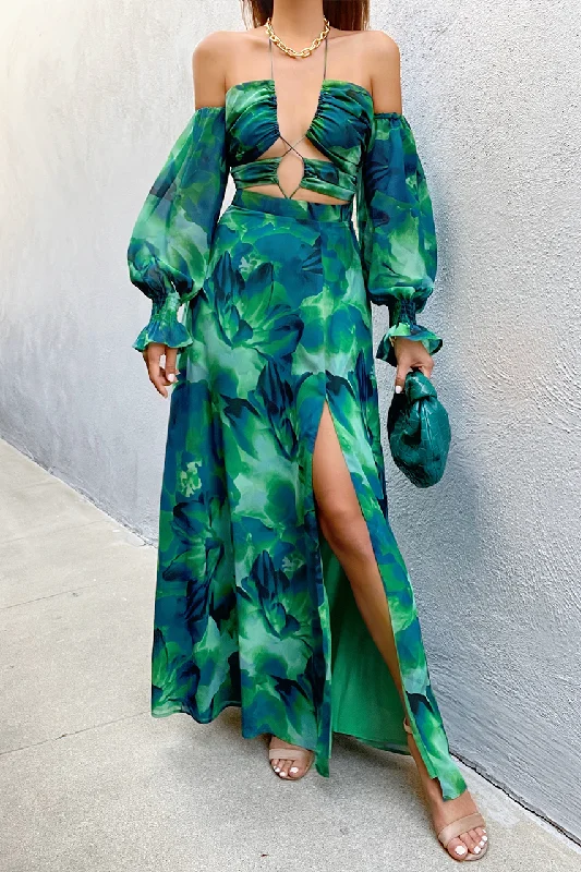 Karma Maxi Dress - Green Floral Cozy Cold-Shoulder Maxi Dress