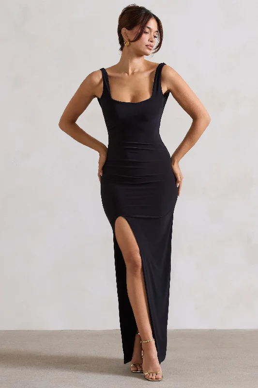 Kate | Black Square Neck Maxi Dress with Plunge Back and Side Thigh Split Comfortable Flowy Maxi Dress Kate | Black Square Neck Maxi Dress with Plunge Back and Side Thigh Split Comfortable Flowy Maxi Dress
