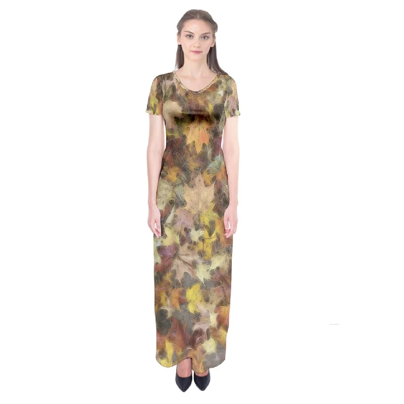 Late October Leaves Light Short Sleeve Maxi Dress Elegant Maxi Dress with Pockets