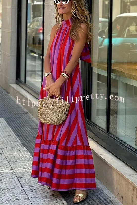 Roxane Linen Blend Striped Halter Neck A-line Maxi Dress Classic Black Maxi Dress