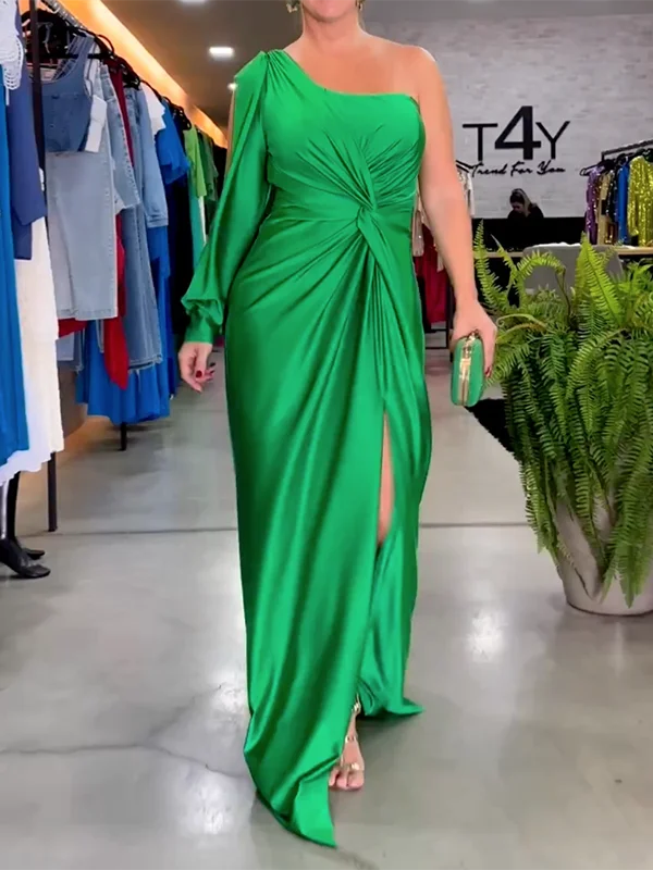 Long Sleeves Asymmetric Satin One-Shoulder Maxi Dresses Elegant Silk Maxi Dress
