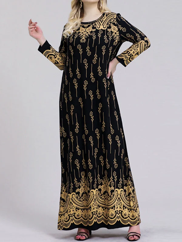 Zjkrl - Long Sleeves Plus Size Printed Split-Joint Round-Neck Maxi Dresses Comfortable Long-Sleeve Maxi Dress