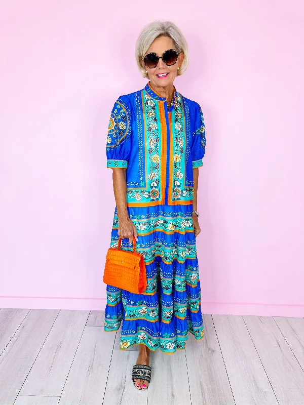 LONGING FOR SANTORINI FLORAL MAXI DRESS - BLUE Elegant Maxi Dress with Belt