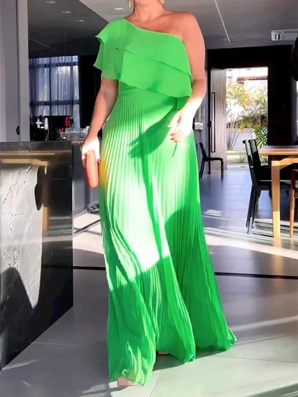 Zjkrl - Loose Asymmetric Plain Pleated One-Shoulder Maxi Dresses Comfortable Flowy Maxi Dress Zjkrl - Loose Asymmetric Plain Pleated One-Shoulder Maxi Dresses Comfortable Flowy Maxi Dress
