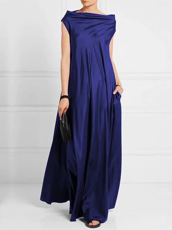 Loose Pleated Solid Color Boat Neck Maxi Dresses Trendy Floral Print Maxi Dress