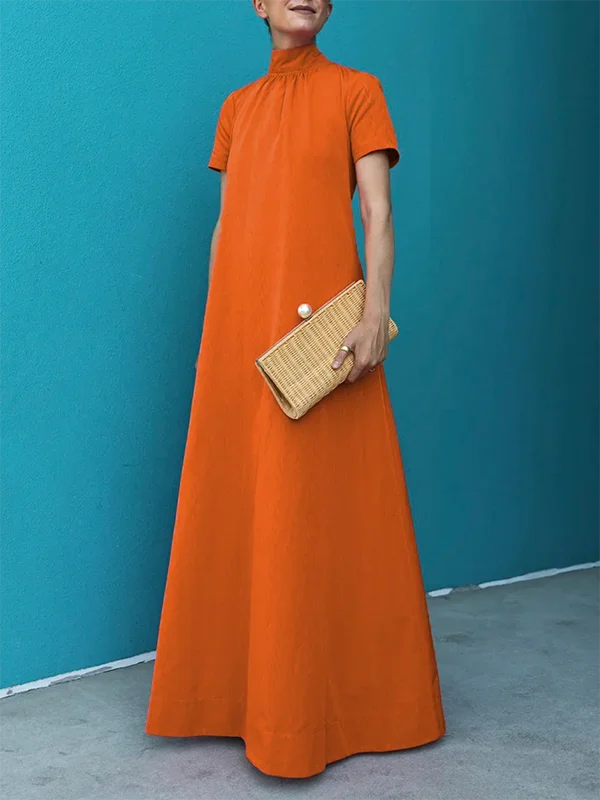 Loose Short Sleeves Solid Color High-Neck Maxi Dresses Elegant Lace Maxi Dress