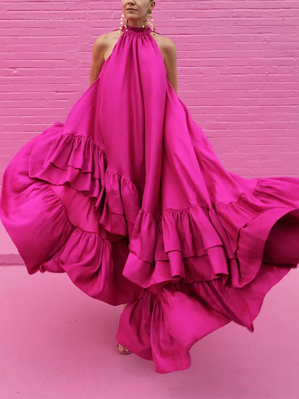 Loose Sleeveless Falbala Solid Color Stand Collar Maxi Dresses Trendy Maxi Dress with Straps