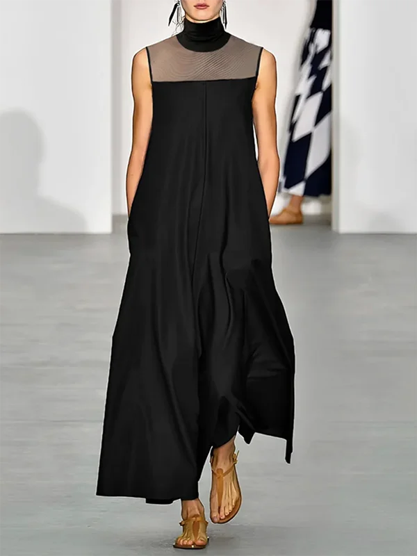 Zjkrl - Loose Sleeveless See-Through Solid Color Split-Joint High-Neck Maxi Dresses Casual Maxi Dress with Pockets