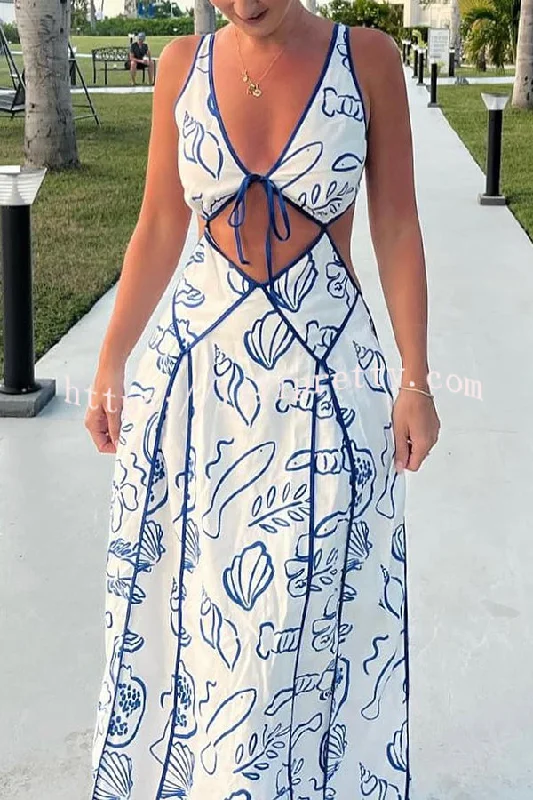 Lilipretty Love The Coastline Linen Blend Unique Print Cutout Tie-up Backless Maxi Dress Elegant Maxi Dress with Belt