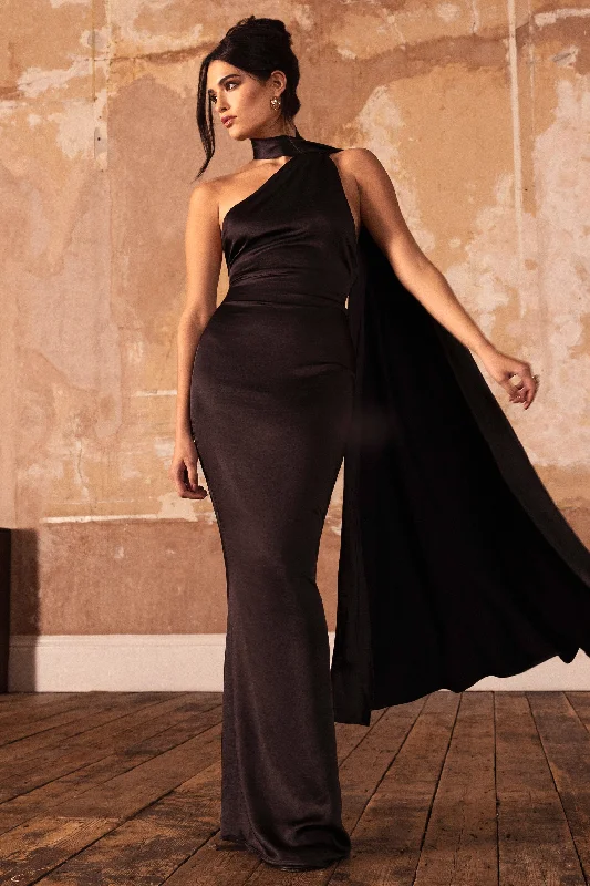 Mademoiselle | Black Satin Asymmetric Scarf Neck Backless Maxi Dress Trendy Fit-and-Flare Maxi Dress Mademoiselle | Black Satin Asymmetric Scarf Neck Backless Maxi Dress Trendy Fit-and-Flare Maxi Dress