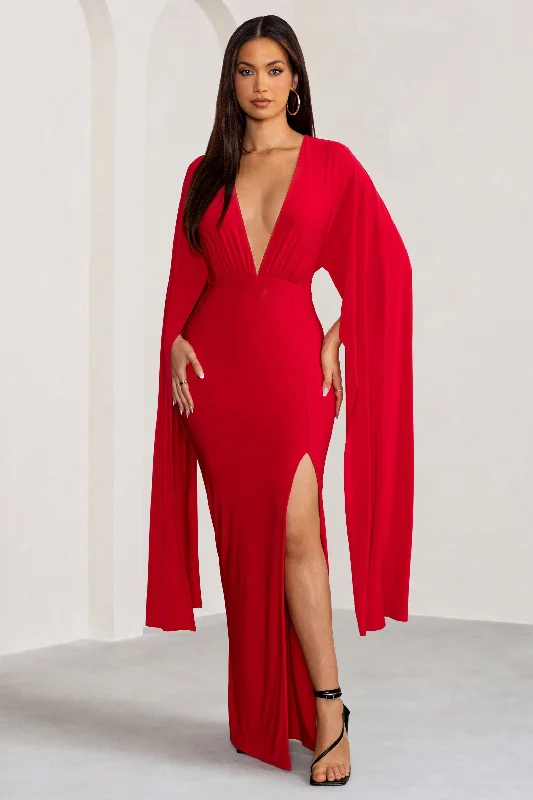 Maggie | Red Plunge Neck Maxi Dress with Cape Sleeves and Thigh Split Stylish Off-Shoulder Maxi Dress Maggie | Red Plunge Neck Maxi Dress with Cape Sleeves and Thigh Split Stylish Off-Shoulder Maxi Dress