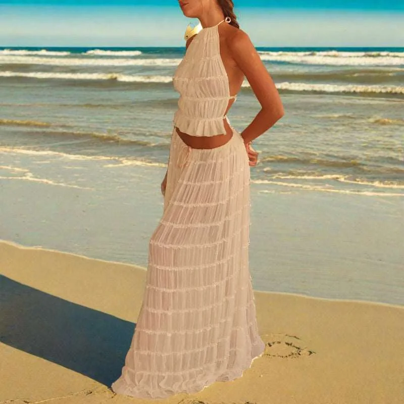 Maxi Dress | Halter Top Pleated Long Dress Fashionable High-Waist Maxi Dress