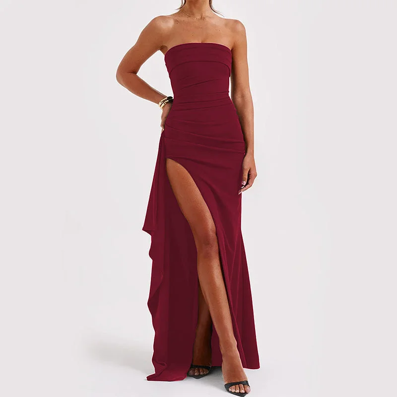 Maxi Dress | Strapless Split Mermaid Dress Wine Red Comfortable Bohemian Maxi Dress