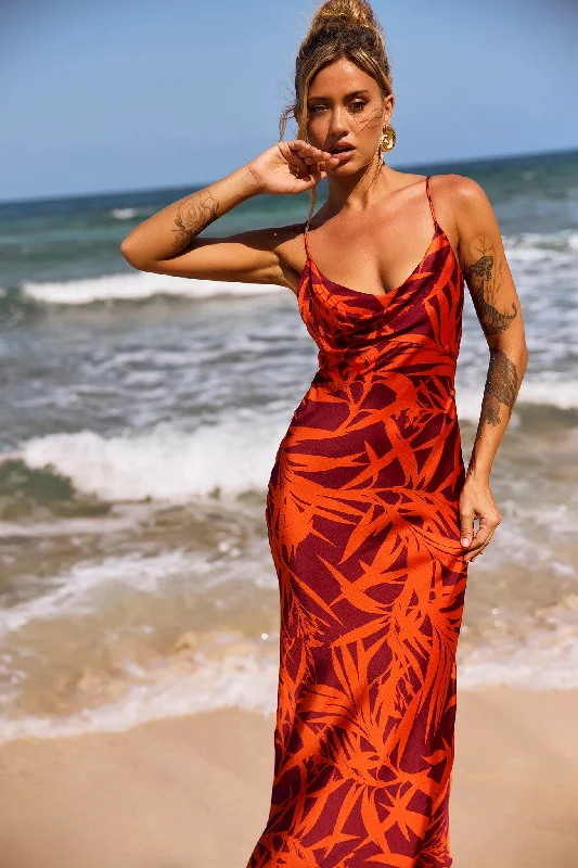 May In A Mood Maxi Dress - Red Multi Fashionable Off-Shoulder Maxi Dress
