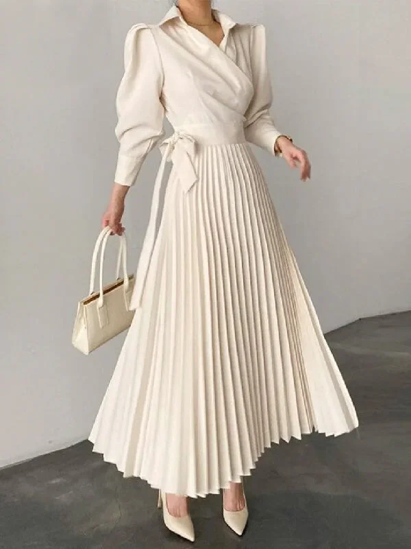 Office Pleated Asymmetric Solid Color Lapel Maxi Dresses Trendy Satin Maxi Dress