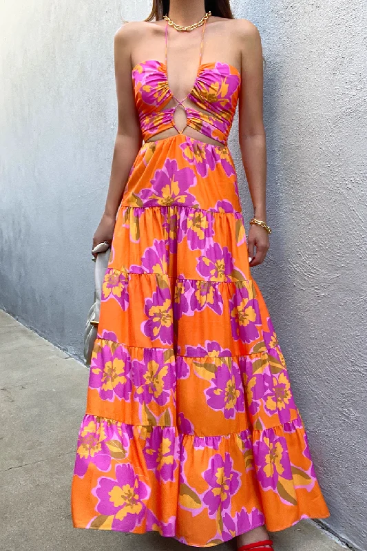 Orchid Maxi Dress - Orange Floral Fashionable Button-Down Maxi Dress