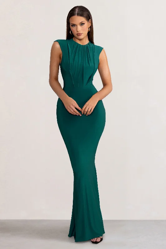 Phoenix | Bottle Green Sleeveless Maxi Dress with Hood Stylish Pleated A-Line Maxi Dress Phoenix | Bottle Green Sleeveless Maxi Dress with Hood Stylish Pleated A-Line Maxi Dress