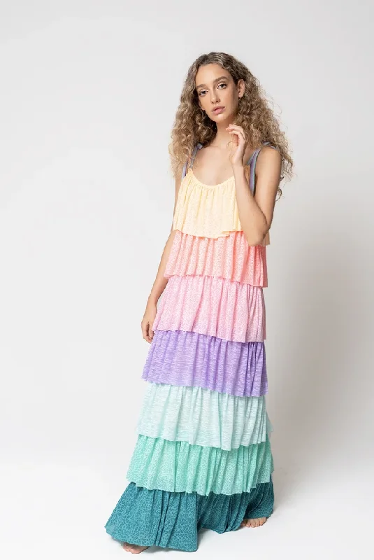 Pastel Rainbow Maxi Dress - Rainbow Tiered Dress Elegant Lace-Up Maxi Dress
