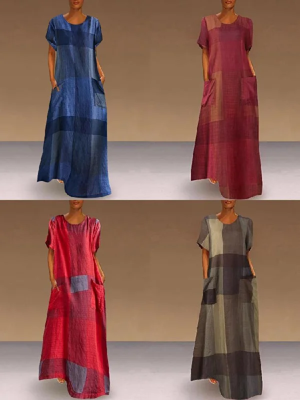 Print Round Neck Short Sleeve Floral Women Maxi Dress Comfortable Long-Sleeve Maxi Dress