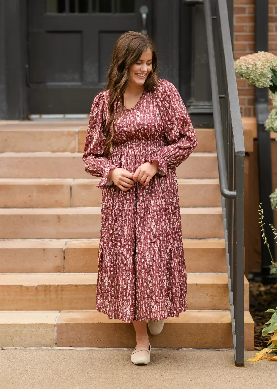 Printed Lace V-neck Long Sleeve Maxi Dress Elegant Maxi Dress with Drapes