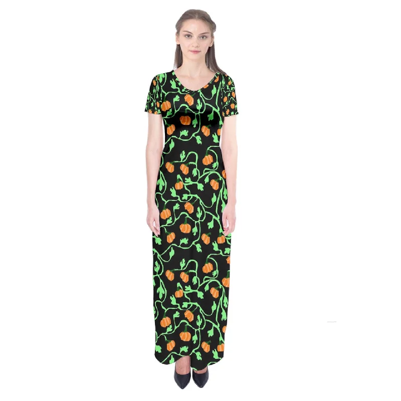 Pumpkin Vines Short Sleeve Maxi Dress Elegant Maxi Dress with Drapes