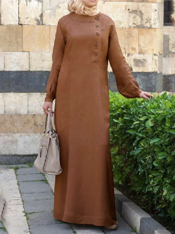 Pure Color Button Design Oblique Placket Puff Sleeve Kaftan Tunic Women Maxi Dress Trendy Maxi Dress with Lace Pure Color Button Design Oblique Placket Puff Sleeve Kaftan Tunic Women Maxi Dress Trendy Maxi Dress with Lace