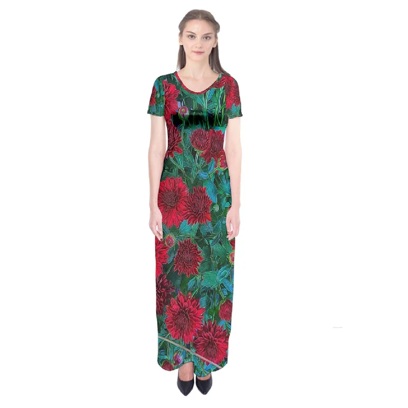 Red Mums Short Sleeve Maxi Dress Elegant Wraparound Maxi Dress