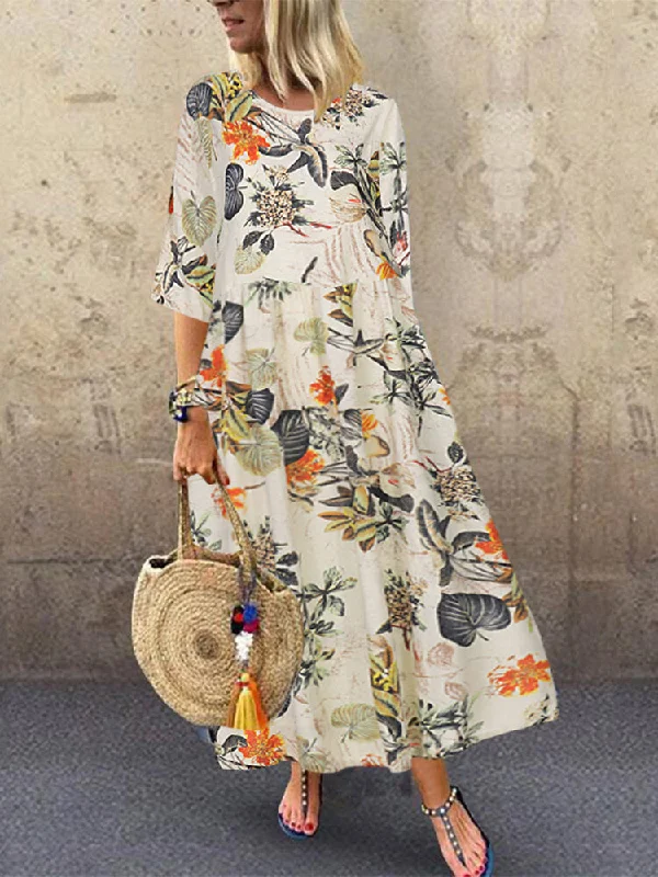 Retro Floral Printed Round Neck Three Quarter Sleeve Pleated Women Maxi Dress Chic Summer Floral Maxi Dress Retro Floral Printed Round Neck Three Quarter Sleeve Pleated Women Maxi Dress Chic Summer Floral Maxi Dress