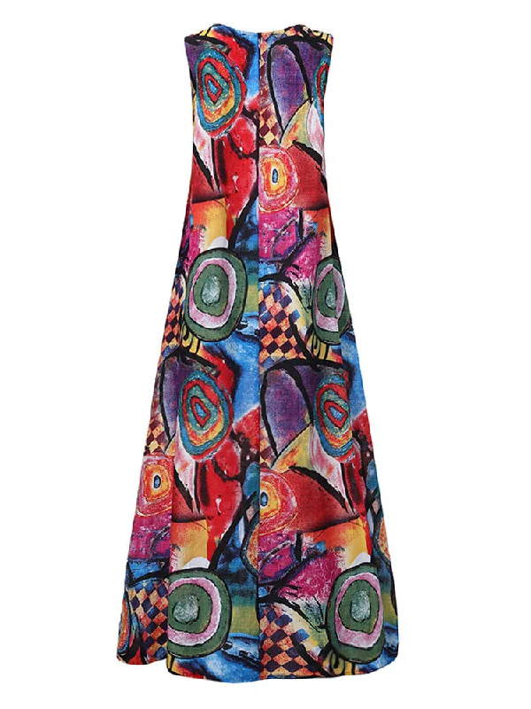 Retro O-neck Floral Print Sleeveless Women Maxi Dress Comfortable Fitted Maxi Dress