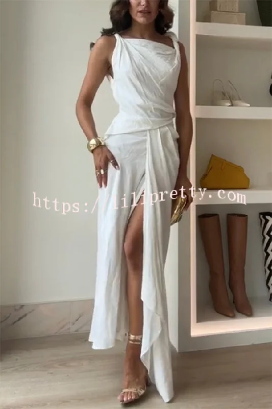 Lilipretty® Sculptural Effect Linen Blend Twisted Shoulder Strap Drape Maxi Dress Classic Strapless Maxi Dress