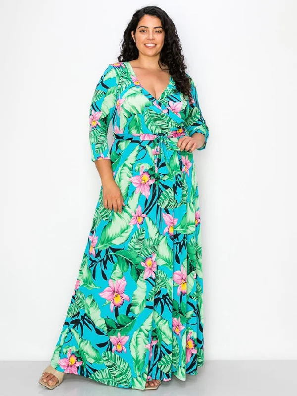 Signature Plus Size Maxi Dress in Mint Garden Comfortable Plunging Neckline Maxi Dress