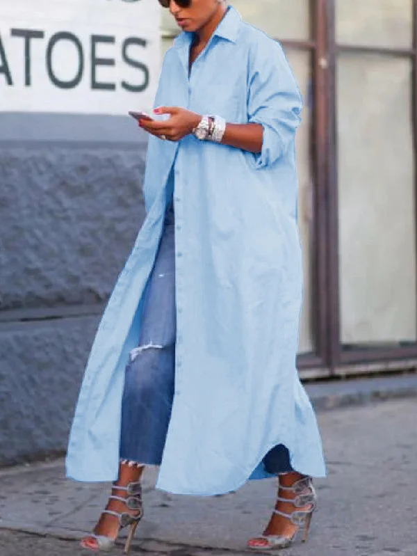 Simple Loose Buttoned Solid Color Lapel Maxi Dresses Cozy Ribbed Maxi Dress
