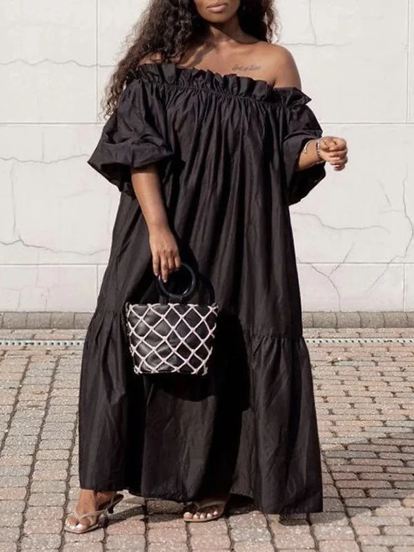 Zjkrl - Simple Loose Solid Color Off-The-Shoulder Maxi Dresses Fashionable High-Waist Maxi Dress Zjkrl - Simple Loose Solid Color Off-The-Shoulder Maxi Dresses Fashionable High-Waist Maxi Dress