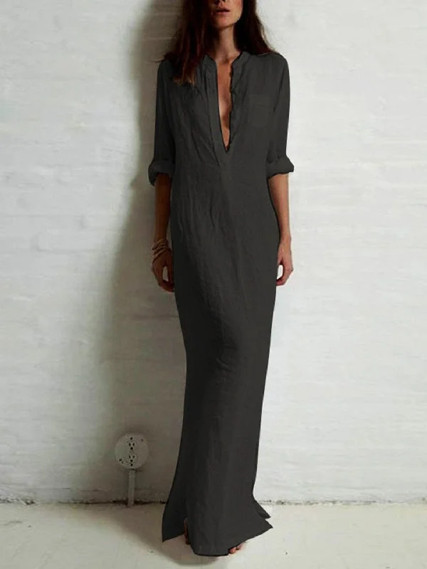 Simple Ramie Cotton Solid Color Split-Side Maxi Dress Elegant Silk Maxi Dress