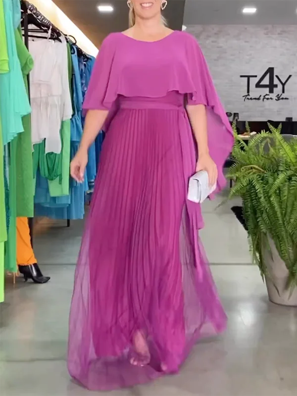 Zjkrl - Simple Short Sleeves Split-Joint Round-Neck Maxi Dresses Comfortable Ruffle Hem Maxi Dress