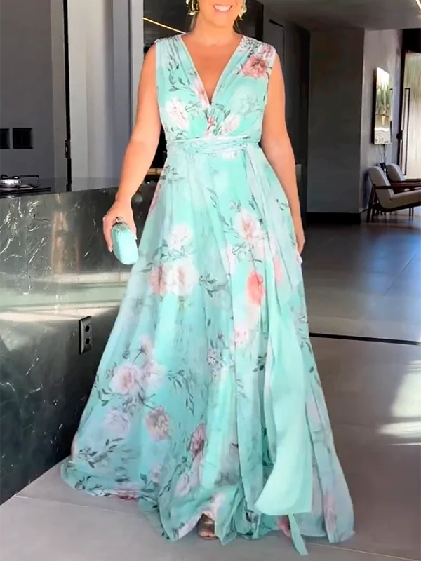 Zjkrl - Sleeveless Floral Printed Split-Side V-Neck Maxi Dresses Elegant Floral Maxi Dress Zjkrl - Sleeveless Floral Printed Split-Side V-Neck Maxi Dresses Elegant Floral Maxi Dress