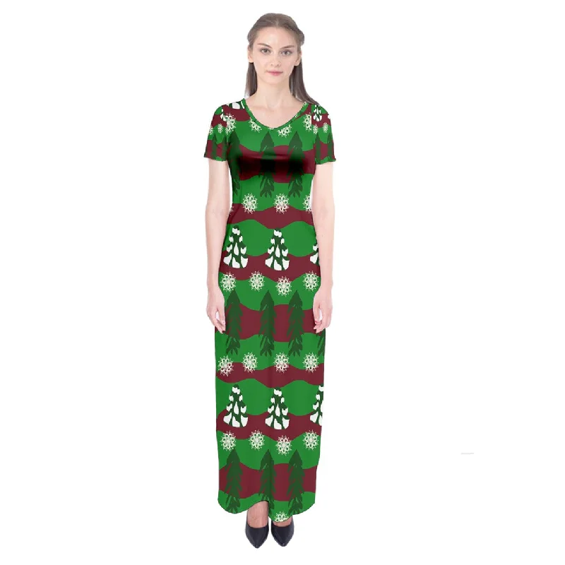 snowy evergreen pattern Short Sleeve Maxi Dress Elegant Lace Maxi Dress