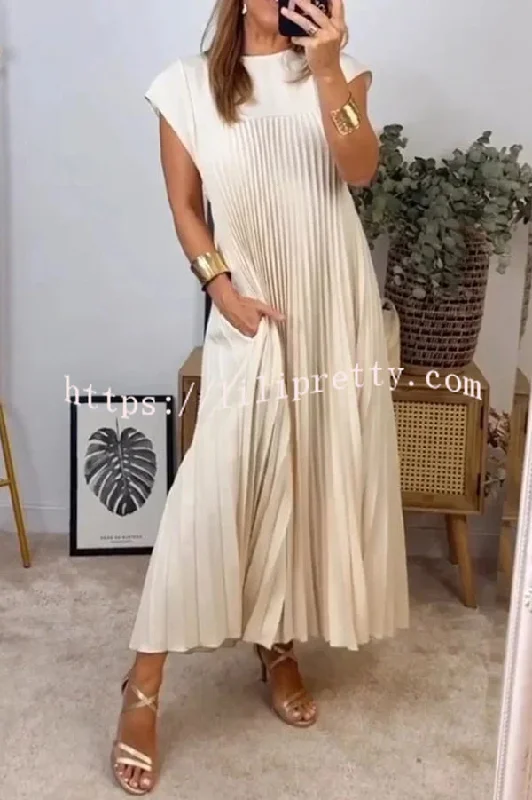 Lilipretty® Solid Color Round Neck Sleeveless Pleated Large Hem Maxi Dress Stylish V-Neck Maxi Dress