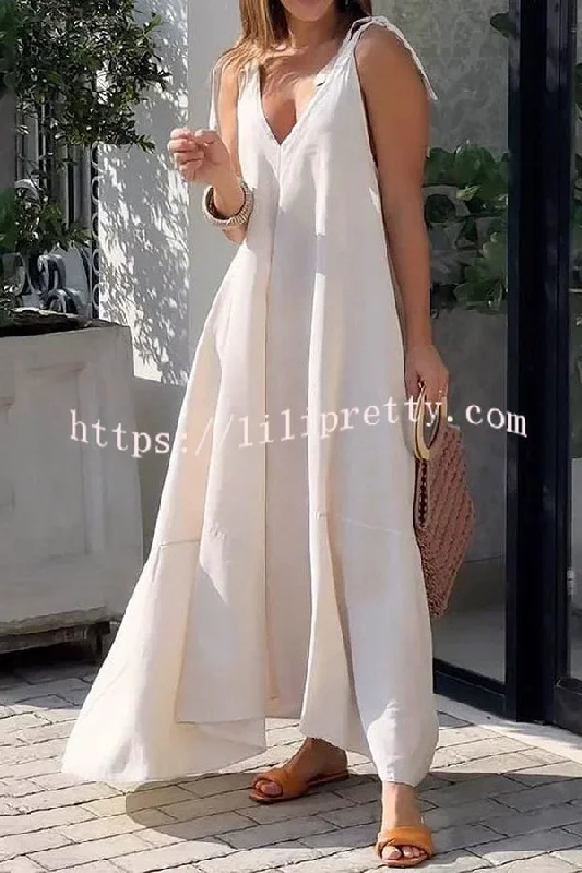 Solid Color Sleeveless V Neck Strappy Maxi Dress Trendy Satin Maxi Dress
