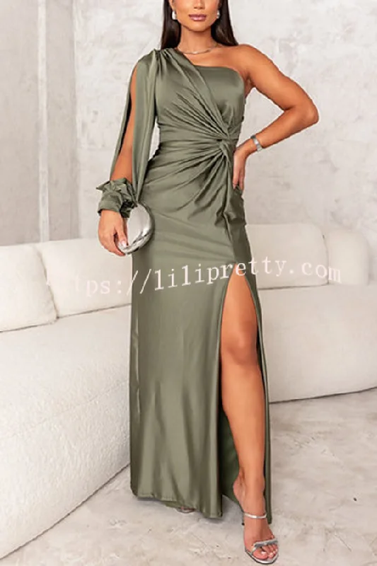 Country Party Charm Satin One Shoulder Twist Detail Slit Maxi Dress Comfortable Maxi Dress with Belt Country Party Charm Satin One Shoulder Twist Detail Slit Maxi Dress Comfortable Maxi Dress with Belt