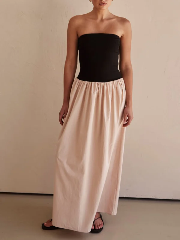Strapless Black And Charming Sand Paneled Maxi Dress Casual Maxi Dress with Pockets
