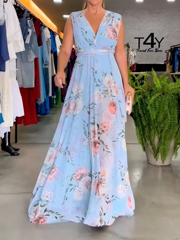 Zjkrl - Stylish Floral Printed V-Back Elegant Maxi Dresses Stylish Maxi Dress with Pleats Zjkrl - Stylish Floral Printed V-Back Elegant Maxi Dresses Stylish Maxi Dress with Pleats