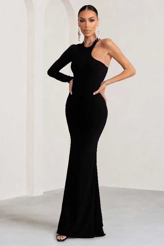 Tyra | Black Asymmetric Neck Cut Out Maxi Dress With Open Back Detail Cozy Longline Maxi Dress Tyra | Black Asymmetric Neck Cut Out Maxi Dress With Open Back Detail Cozy Longline Maxi Dress