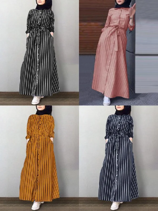 Vertical Stripe Lapel Kaftan Long Sleeve Shirt Belt Women Maxi Dress Fashionable Halter Neck Maxi Dress Vertical Stripe Lapel Kaftan Long Sleeve Shirt Belt Women Maxi Dress Fashionable Halter Neck Maxi Dress
