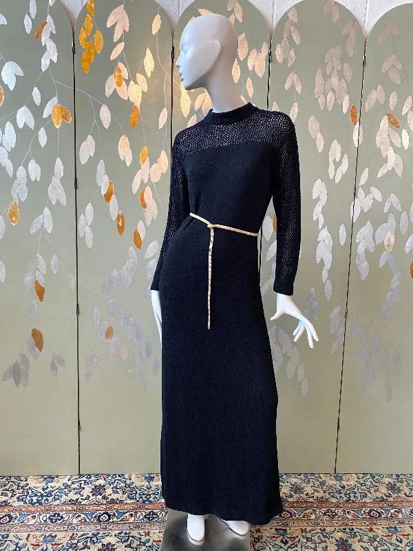 Vintage 1970s Black Knit Maxi Dress, Medium Fashionable High-Low Maxi Dress
