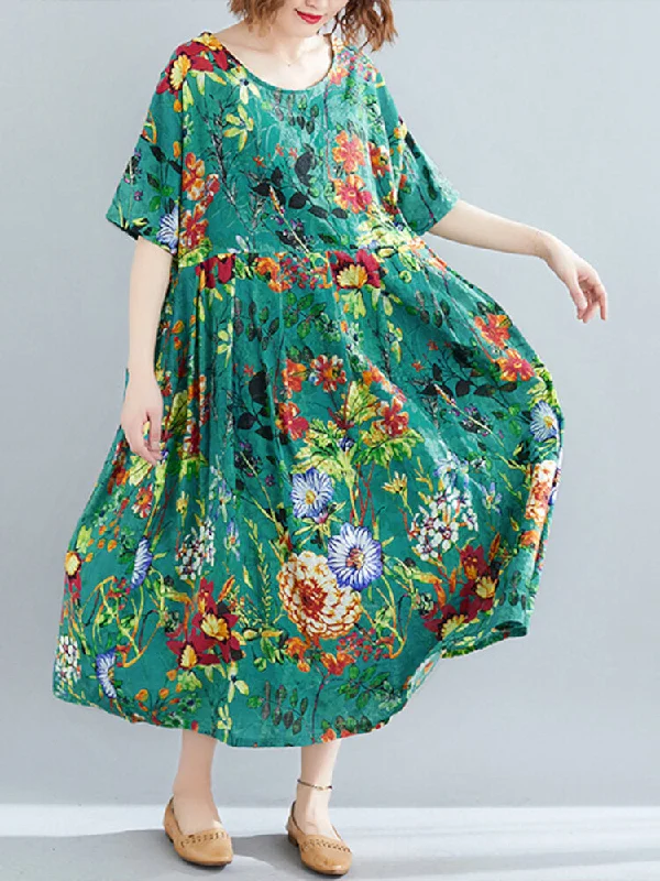 Vintage Floral Print O-neck Short Sleeve Women Maxi Dress Comfortable Maxi Dress with Belt Vintage Floral Print O-neck Short Sleeve Women Maxi Dress Comfortable Maxi Dress with Belt